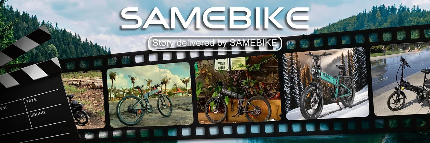 Promotional collage for SAMEBIKE electric bikes showcasing versatile models in diverse terrains - from cityscapes to snowy trails, highlighting the adventure-ready capabilities and urban efficiency of SAMEBIKE e-bikes.