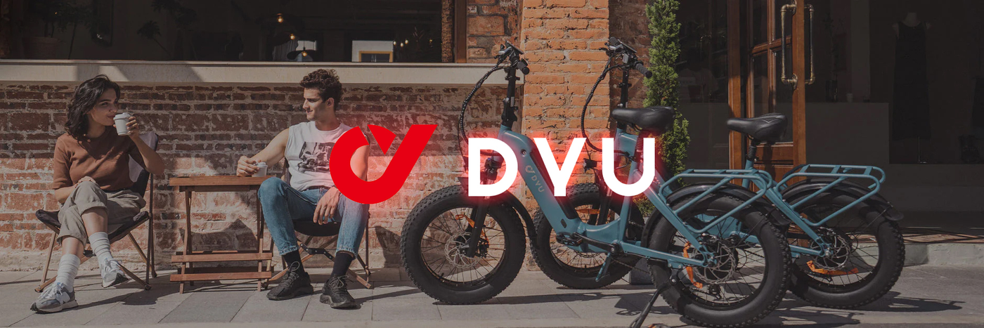 Young couple enjoying coffee at an outdoor café with their stylish DVU electric bikes parked beside them, showcasing urban lifestyle and sustainable transportation.