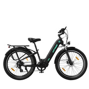 Electric black HITWAY BK16 e-bike with SHIMANO 7-speed gears, double-disc brakes, LED headlight, rear cargo rack, and step-through frame design.