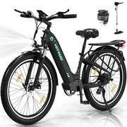 Black HITWAY BK16 electric bike profile view, featuring front and rear mudguards, a black saddle, mounted LED headlight, and a rear rack, displayed with a bike lock and air pump accessories on a reflective white surface.