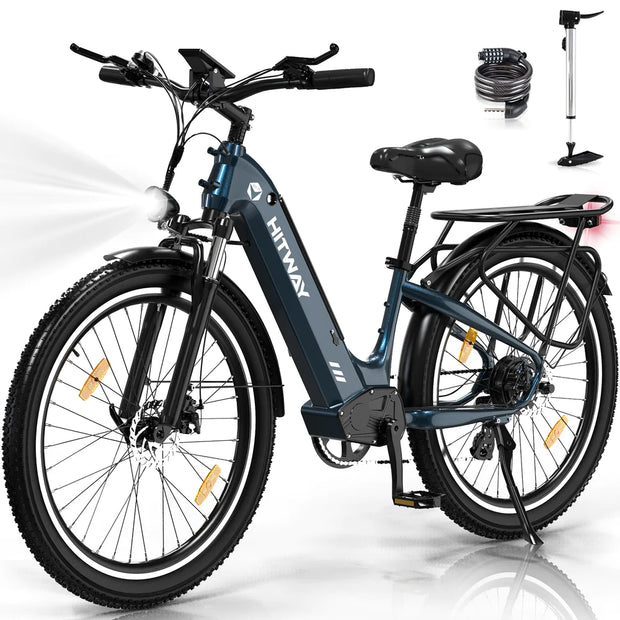 Navy blue HITWAY BK16 electric bike profile view, featuring front and rear mudguards, a black saddle, mounted LED headlight, and a rear rack, displayed with a bike lock and air pump accessories on a reflective white surface.