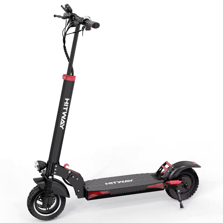 Hitway H5 Pro Electric Scooter angled to show its front wheel and suspension system, emphasizing its robust build.