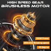 Close-up of a high-speed gear brushless motor with 250W power, 350r/min rotating speed, and 25-degree incline capability, against a dark background with orange highlights