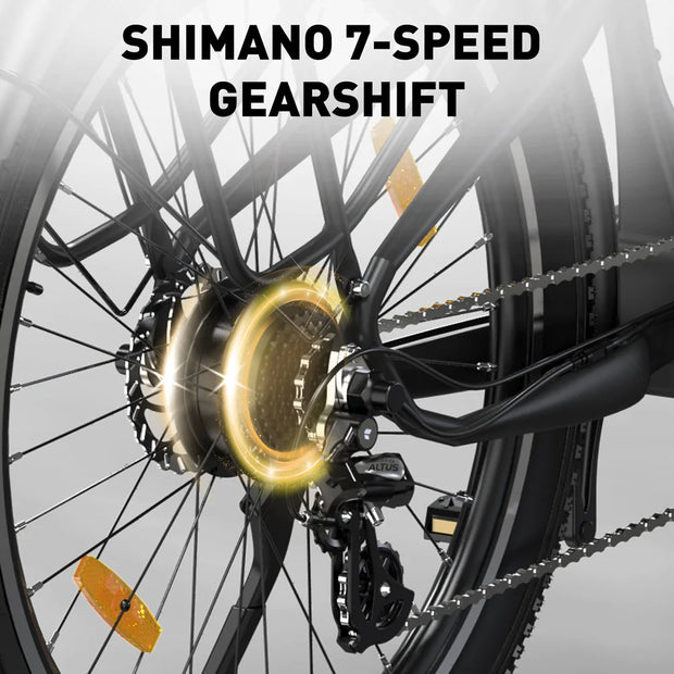 Close-up of a bicycle's rear wheel highlighting the SHIMANO 7-speed gearshift system with a radiant golden glow, indicating precision and quality, set against a white background.