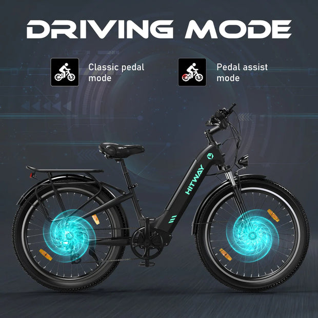 Black HITWAY BK16 e-bike showcasing driving modes with visual effects on wheels: 'Classic pedal mode' and 'Pedal assist mode', set against a digital, futuristic background