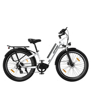 Electric white HITWAY BK16 e-bike with SHIMANO 7-speed gears, double-disc brakes, LED headlight, rear cargo rack, and step-through frame design.