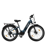Electric blue HITWAY BK16 e-bike with SHIMANO 7-speed gears, double-disc brakes, LED headlight, rear cargo rack, and step-through frame design.