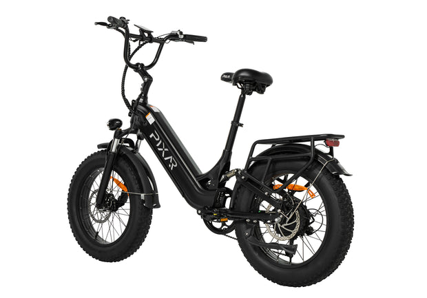 PIXAR Ride1 electric bike with 500W motor, 10.4AH battery, dual suspension, and fat tires for a comfortable ride.