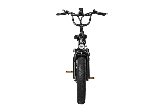 Front view of the PIXAR Ride1 e-bike with black handlebars and wide front tire.