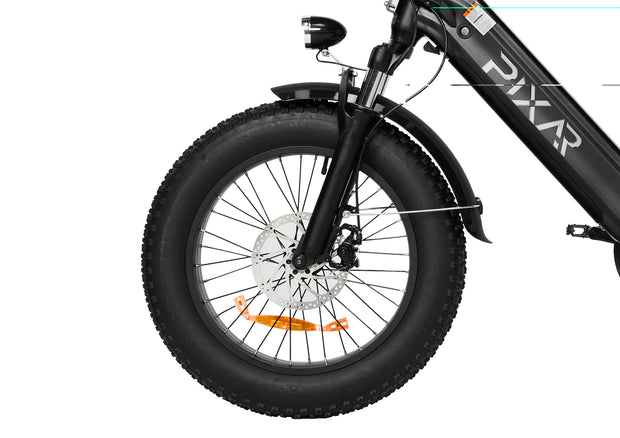 Close-up of the PIXAR Ride1 electric bike's front wheel showcasing the wide tire and brake system.