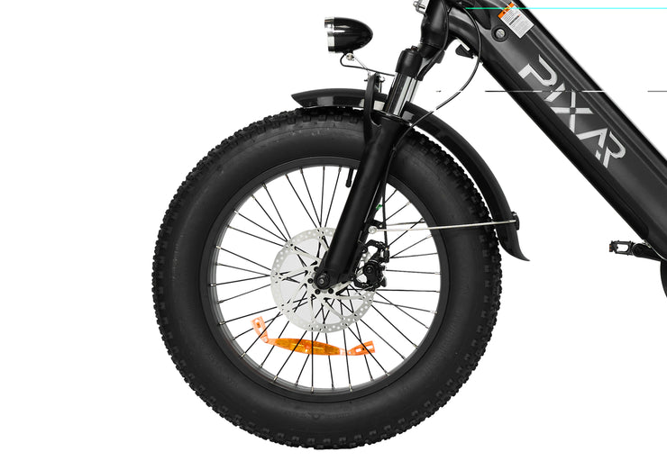 Close-up of the PIXAR Ride1 electric bike's front wheel showcasing the wide tire and brake system.
