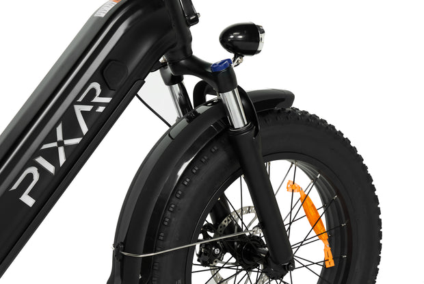 Close-up of PIXAR Ride1 electric bike front fork and tire, showcasing design and sturdiness.