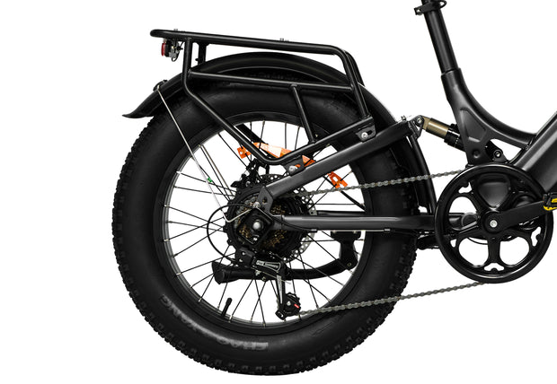 Close-up of the rear section of PIXAR Ride1 e-bike featuring fat tires and robust frame.