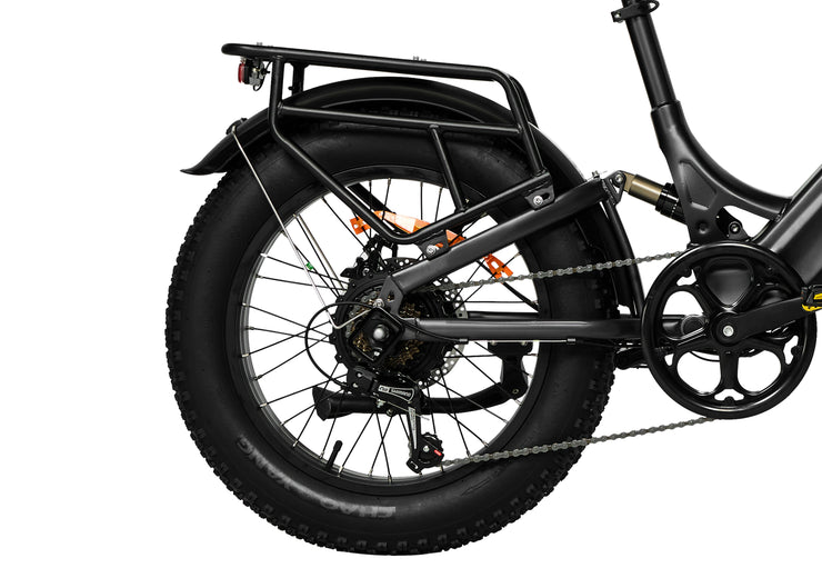 Close-up of the rear section of PIXAR Ride1 e-bike featuring fat tires and robust frame.