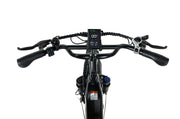 Close-up view of PIXAR Ride1 handlebars with display and controls, showcasing 500W power and sleek design.
