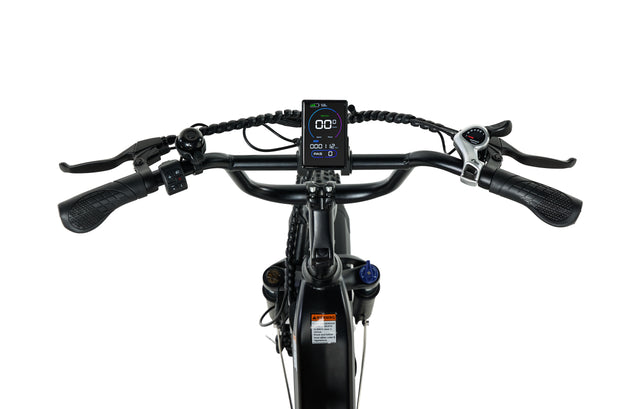 Close-up view of PIXAR Ride1 handlebars with display and controls, showcasing 500W power and sleek design.