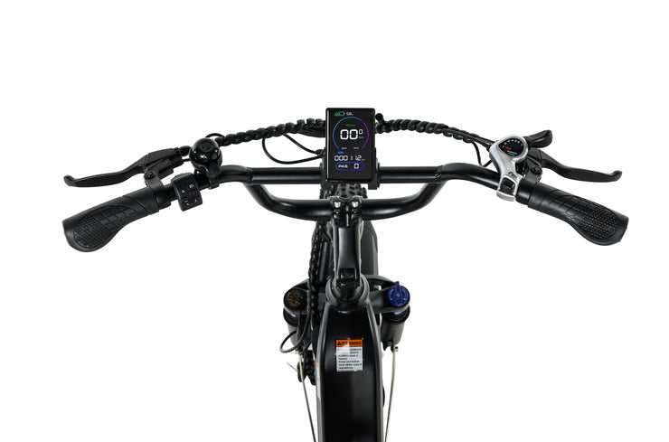 Close-up view of PIXAR Ride1 handlebars with display and controls, showcasing 500W power and sleek design.