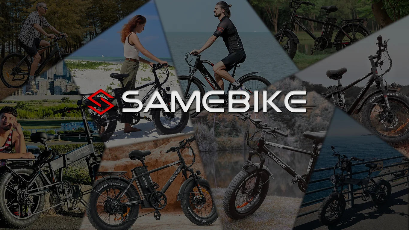 Collage showcasing SAMEBIKE electric bicycles in various settings, featuring riders of different ages and environments, from urban streets to beachfront paths and rugged outdoor trails, highlighting the versatility and range of the SAMEBIKE brand models.