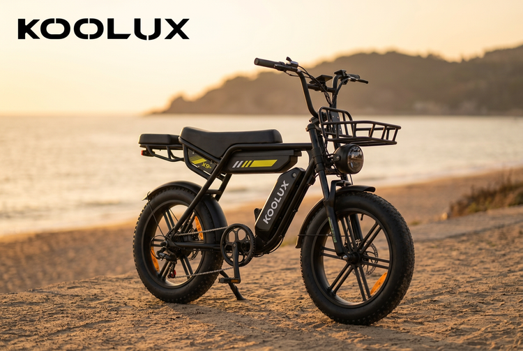 KOOLUX X9 Pro fat-tyre e-bike on a beach path at sunset