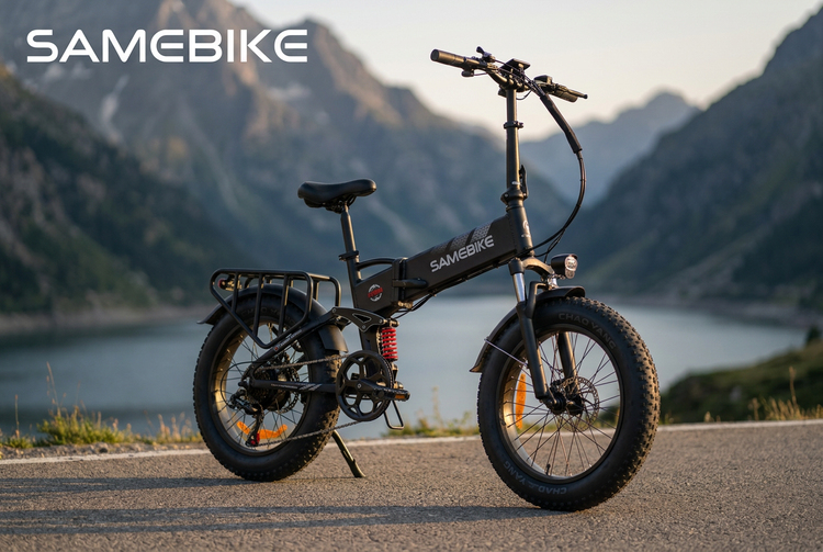 SAMEBIKE RS-A02 Pro folding fat-tyre e-bike on a mountain lake road