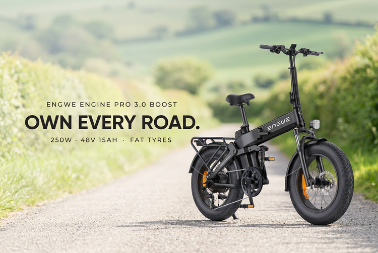 ENGWE Engine Pro 3.0 Boost folding fat tyre electric bike on a country lane: own every road. 250W, 48V 15Ah, fat tyres