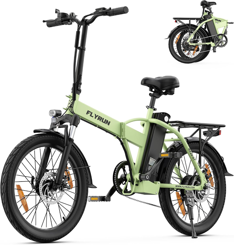 Green FLYRUN F2005 folding electric bike with folded view inset
