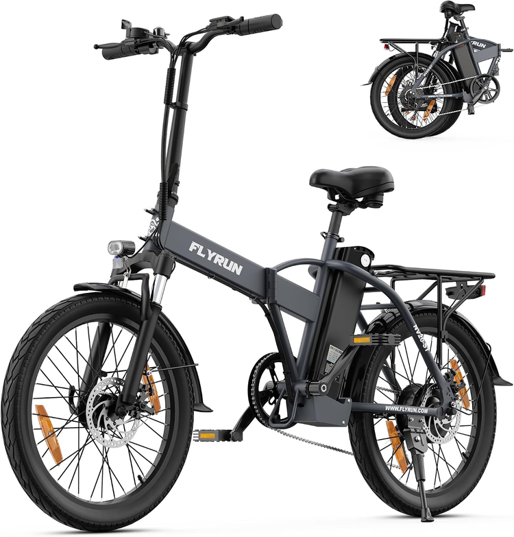 Grey FLYRUN F2005 folding electric bike with folded view inset