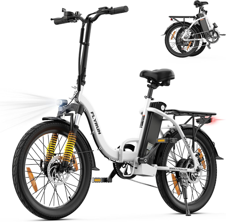 White FLYRUN F2006 step-through folding electric bike with folded view inset