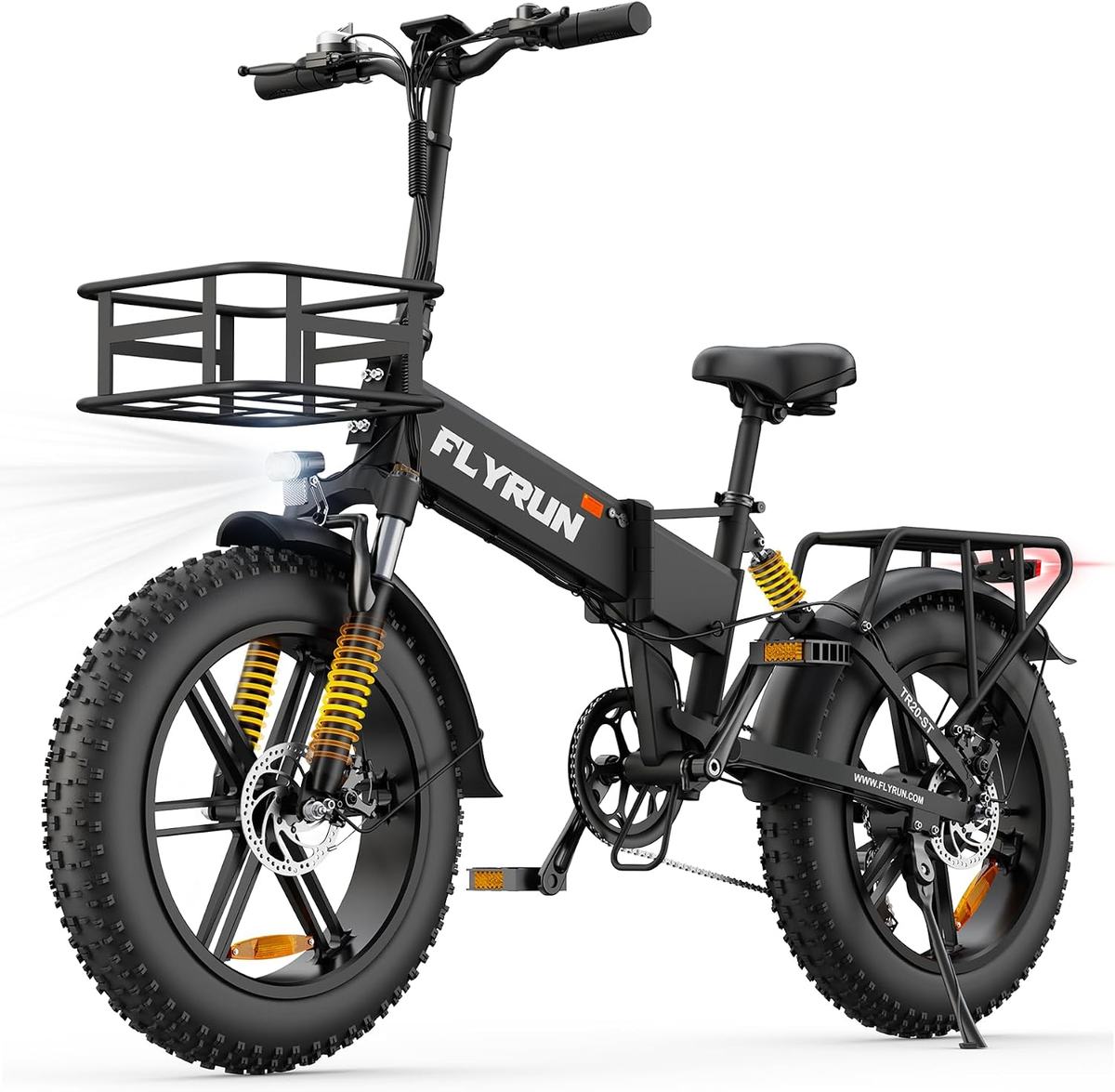 Black FLYRUN F2009 folding fat tyre electric bike with front basket