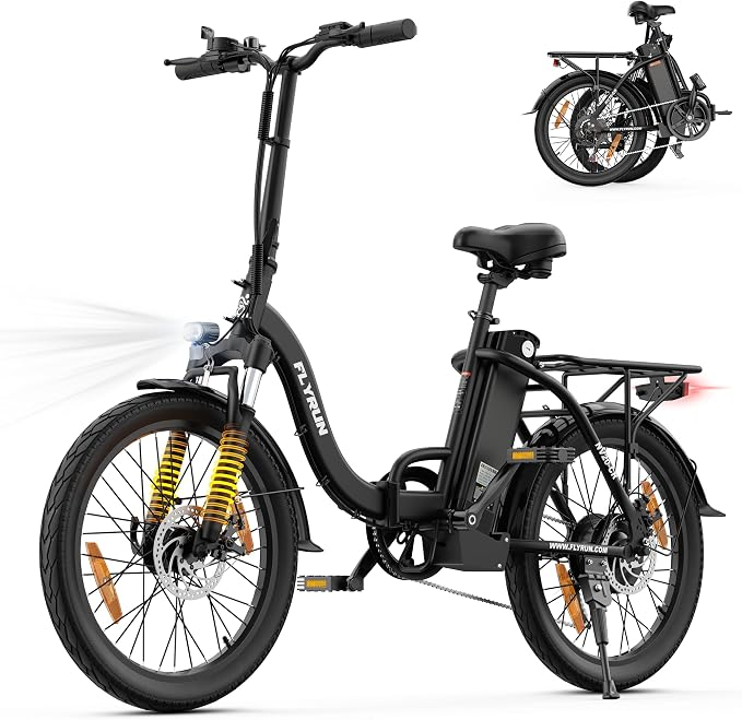 Black FLYRUN F2006 step-through folding electric bike with folded view inset