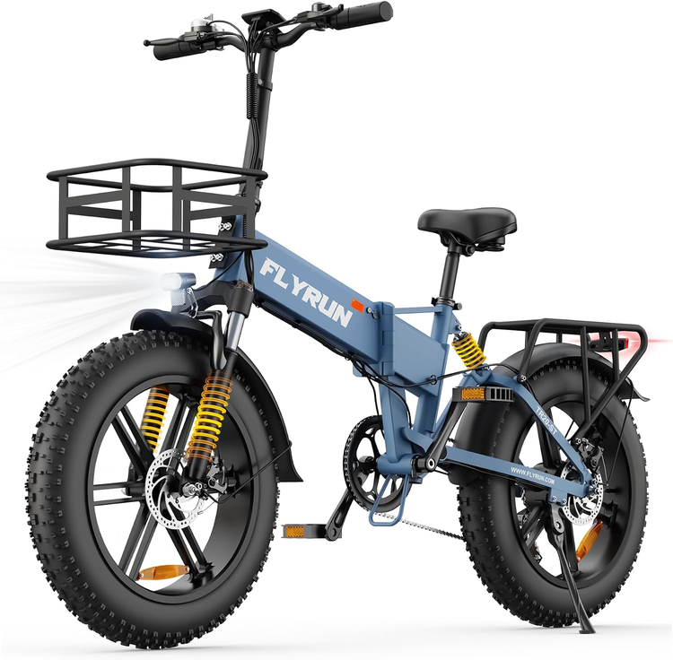 Blue FLYRUN F2009 folding fat tyre electric bike with front basket