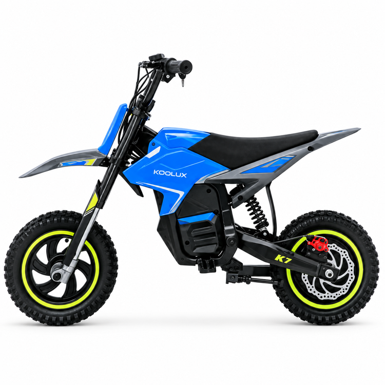 Blue KOOLUX K7 kids electric motorcycle, side view showing 12-inch tyres