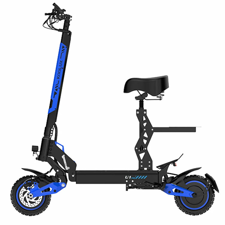 KOOLUX U1 Pro black and blue seated electric scooter, left-side view