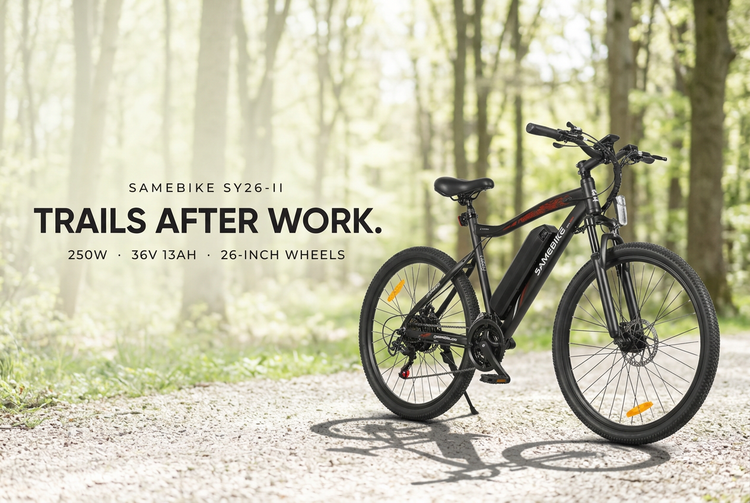 SAMEBIKE SY26-II electric mountain bike on a woodland trail: trails after work. 250W, 36V 13Ah, 26-inch wheels