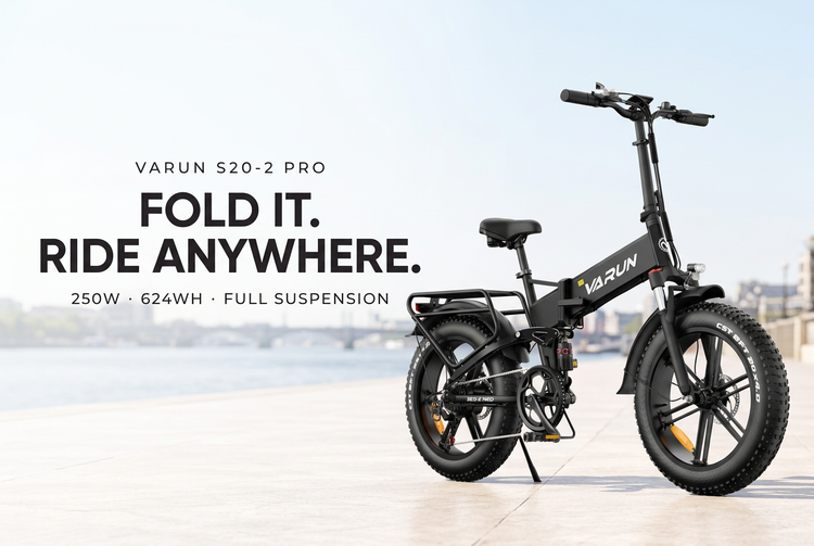 VARUN S20-2 Pro folding fat tyre electric bike by the river: fold it, ride anywhere. 250W, 624Wh, full suspension